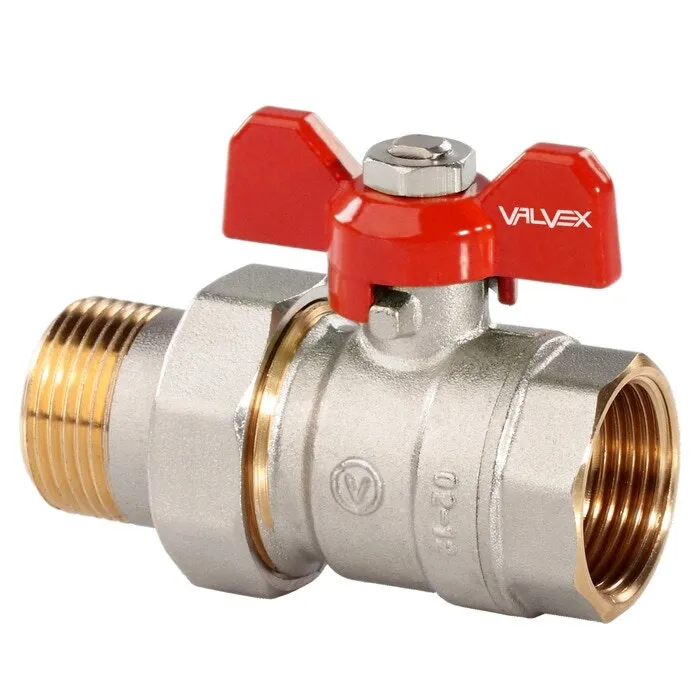 Robinet de trecere cu bila Valvex Oro, alama nichelata, cu racord olandez, DN 20, PN 16, maner fluture
