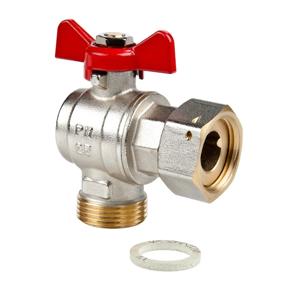 Robinet de trecere cu bila Valvex Spin, alama, colt, cu semiolandez, filet interior-exterior, PN25, maner fluture, garnitura din fibra, 3/4" - 3/4"