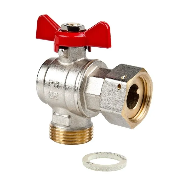 Robinet de trecere cu bila Valvex Spin, alama, colt, cu semiolandez, filet interior-exterior, PN25, maner fluture, garnitura din fibra, 1/2" - 1/2"