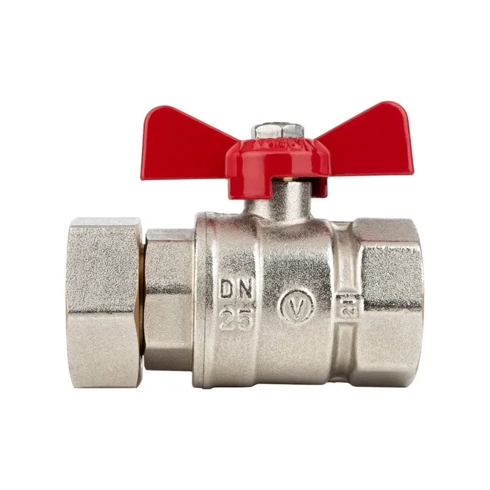 Robinet de trecere cu bila Valvex Spin, alama, drept, cu semiolandez, filet interior-exterior, PN25, maner fluture, garnitura din fibra, 1" - 1 1/4"
