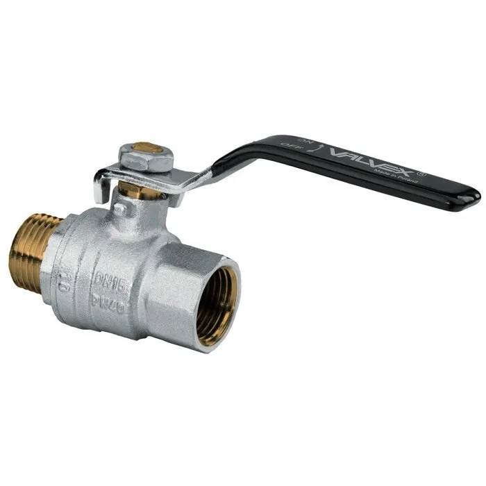 Robinet de trecere cu bila Valvex Tryton, alama nichelata, filet interior-exterior, DN 15, PN 40, cu maneta otel