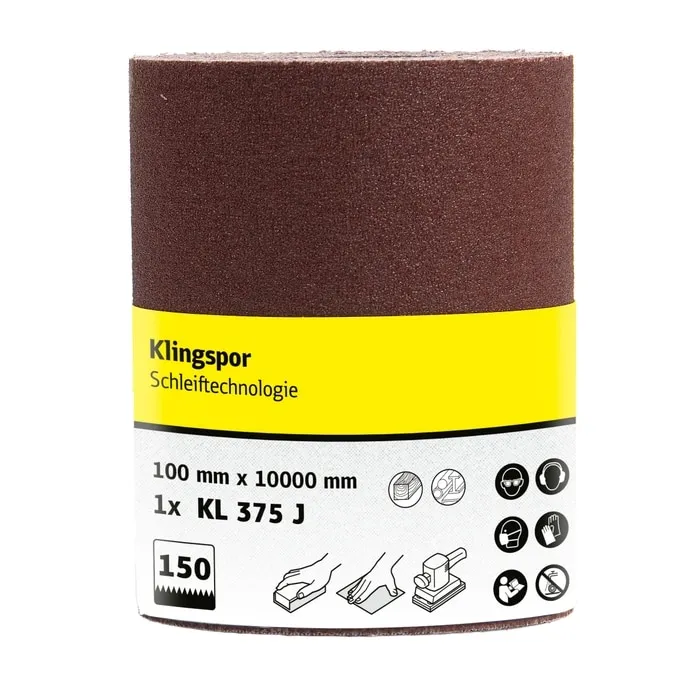Rola panza abraziva pentru lemn, metale, Klingspor KL 375 J, granulatie 150, rola 10 m x 100 mm