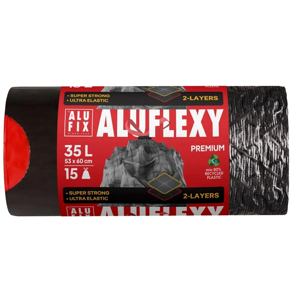 Saci menajeri / gunoi Alufix, cu manere, elastici si rezistenti, negru, 35 L, 15 buc