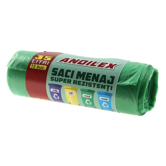 Saci menajeri / gunoi Andilex, super rezistenti, verde, 35 L, 15 buc