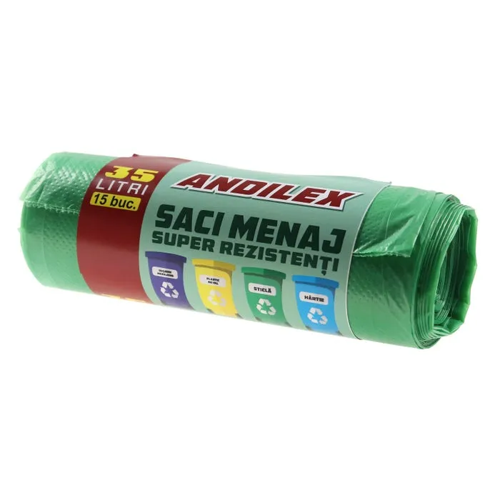 Saci menajeri / gunoi Andilex, super rezistenti, verde, 35 L, 15 buc