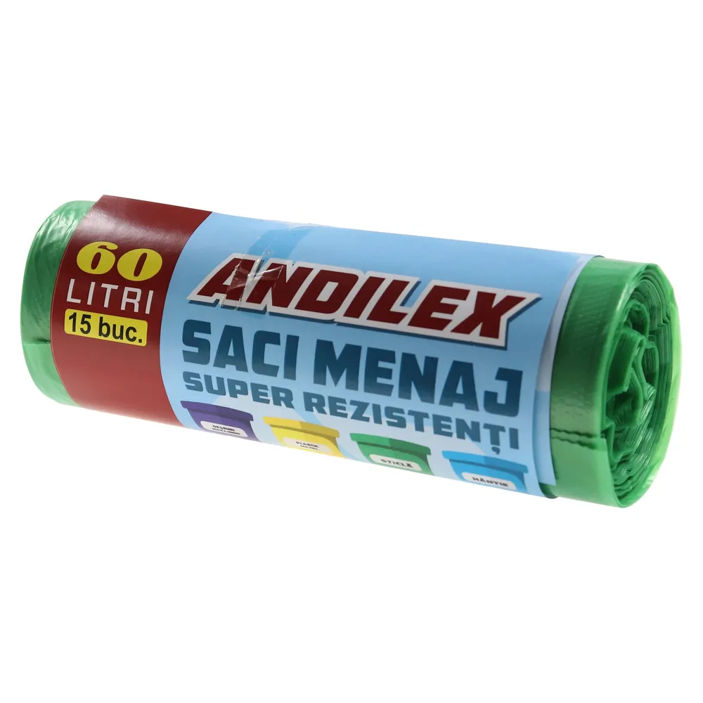 Saci menajeri / gunoi Andilex, super rezistenti, verde, 60 L, 15 buc