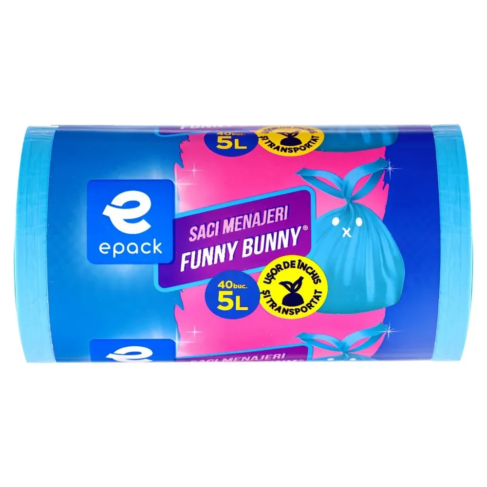 Saci menajeri / gunoi Epack Funny Bunny, cu manere, albastru, 5 L, 40 bucati