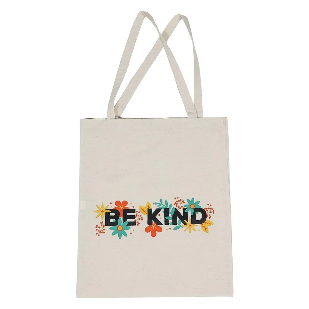 Sacosa din bumbac + poliester, Be kind, bej, cu imprimeu, 40 x 46 cm