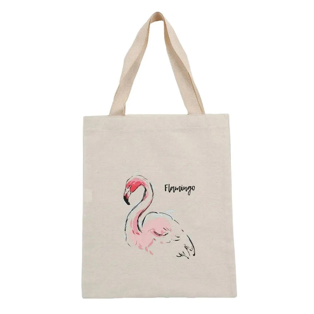 Sacosa din bumbac + poliester, Flamingo, bej, cu imprimeu, 30 x 35 cm