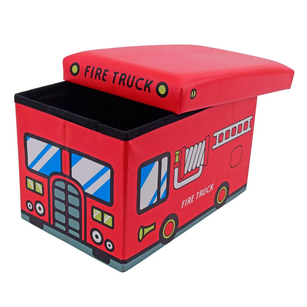 Scaun taburet pliabil, Fire Truck, cu spatiu depozitare, dreptunghiular, imitatie piele multicolora, captusit, 48 x 32 x 32 cm