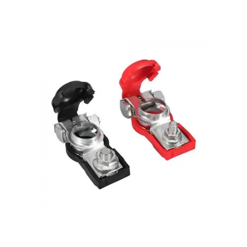 Set 2 borne pentru baterie auto din aluminiu dur exolat invelite in cauciuc, negru-rosu