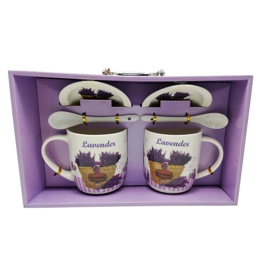 Set 2 cani, farfuriute si lingurite Lavanda, ceramica, 300 ml, diverse modele