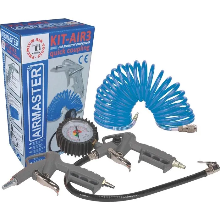 Set 3 accesorii aer comprimat Airmaster, pistol de suflat, pistol pentru umflat cu manometru, furtun spiralat