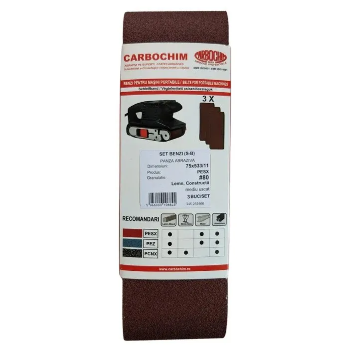 Set 3 bucati banda abraziva Carboas PESX, 75x533mm, granulatie 80, pentru lemn si metale