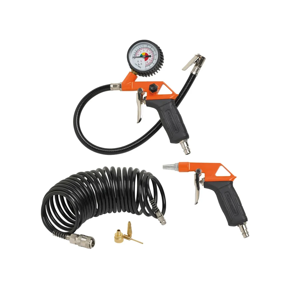 Set 6 accesorii pentru compresor Black Decker, pistol cu aer, pistol de umflat, furtun 5m, negru