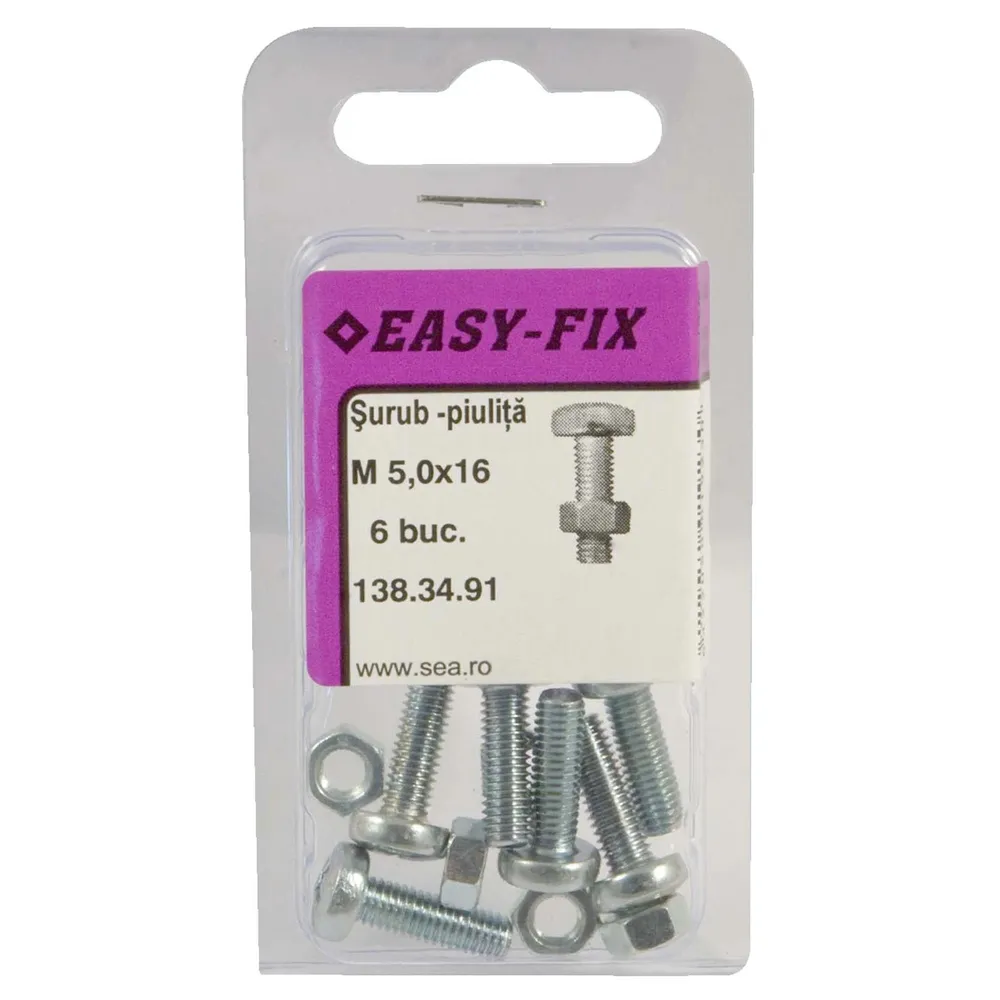 Set 6 suruburi cu cap bombat si piulita, otel zincat alb, M5x16mm