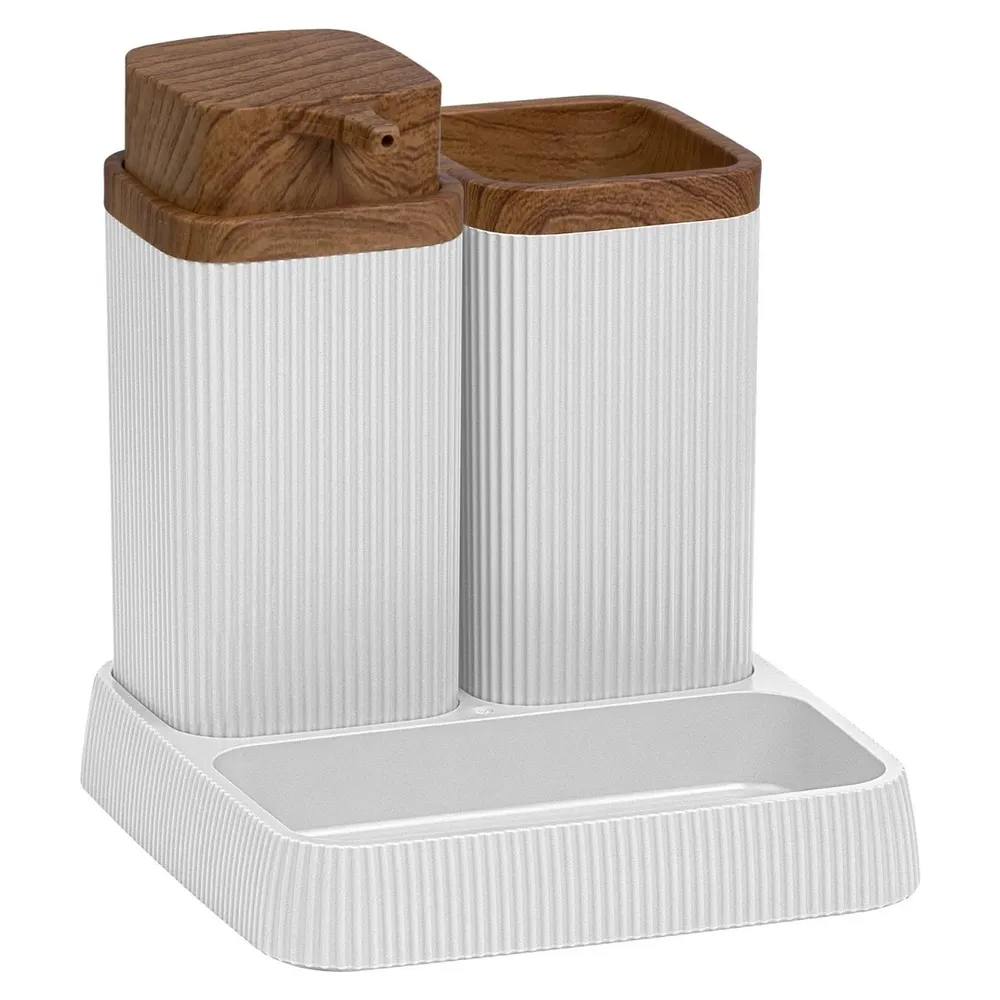 Set accesorii baie, Okyanus Home Stella OKY-465-3, alb + lemn, 3 piese