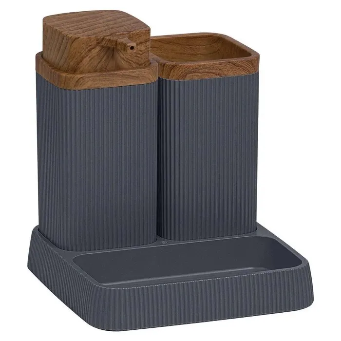 Set accesorii baie, Okyanus Home Stella OKY-465-3, antracit + lemn, 3 piese