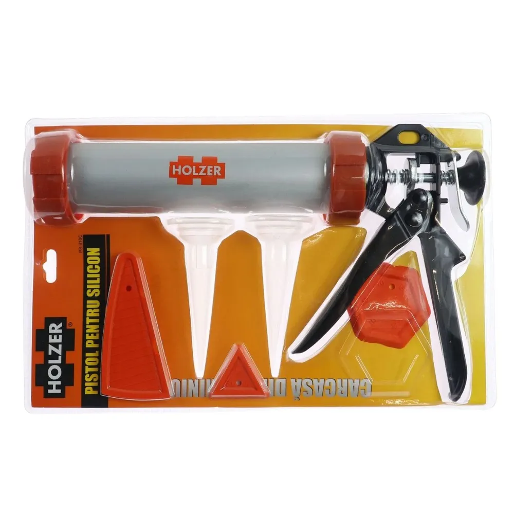 Set pistol cilindric pentru silicon, Holzer XY-501, aluminiu + 3 spatule + 2 duze