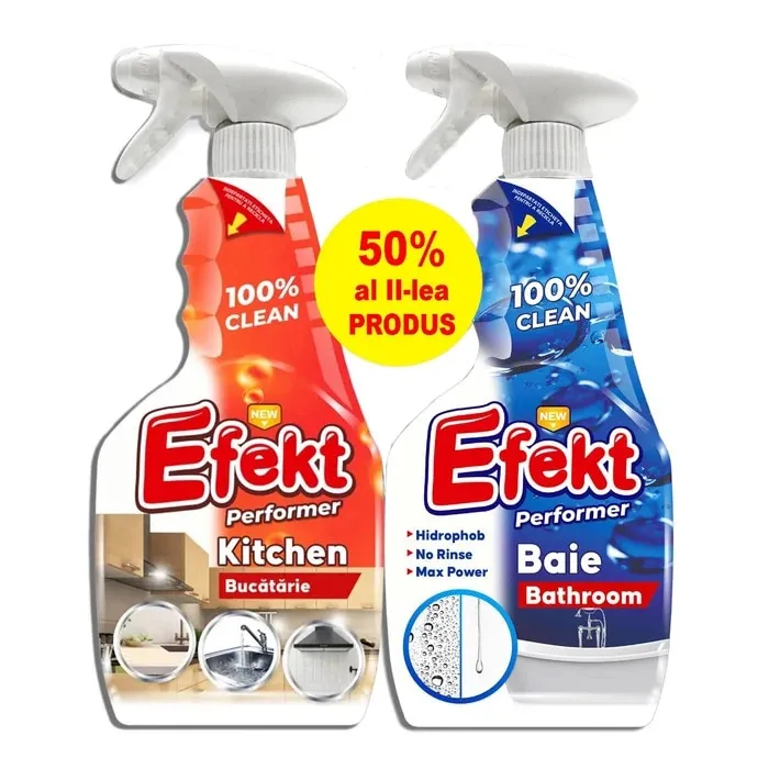 Set solutii de curatare Efekt, baie 750 ml + bucatarie 750 ml, cu pulverizator, lichid, 1500 ml