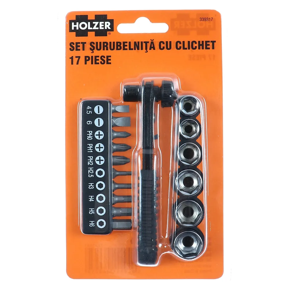 Set surubelnita cu clichet si 16 accesorii insurubare, Holzer 339317