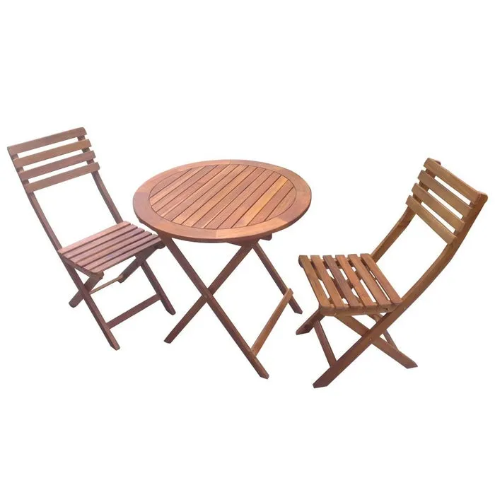 Set terasa / mobilier gradina cu masa rotunda, pliabila, 2 scaune, interior / exterior, lemn, natur, NP01051