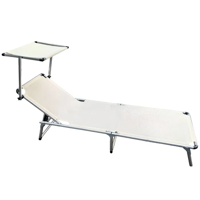 Sezlong plaja, pliabil, cu parasolar, structura metal, bej, 188 x 58 x 26 cm