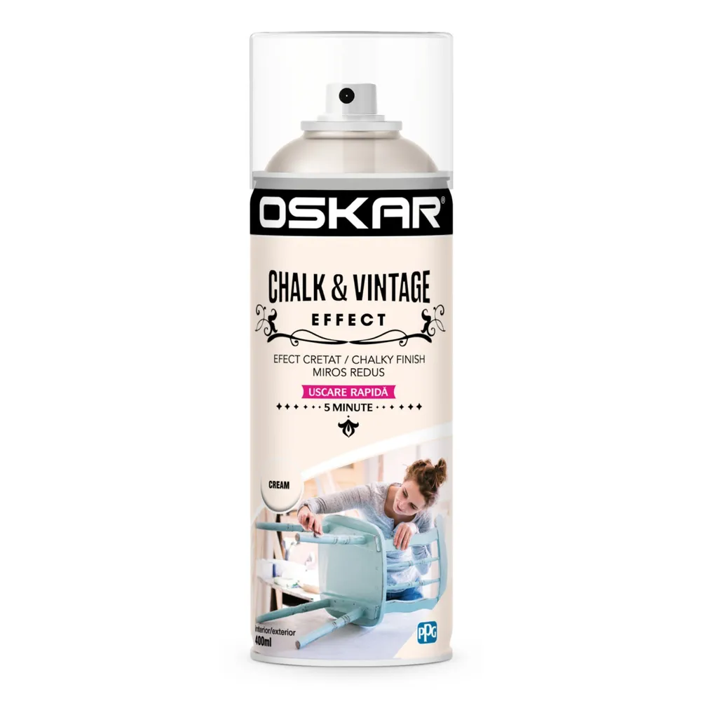 Spray vopsea lemn / metal, Oskar Chalk & Vintage Effect, crem, interior / exterior, 400 ml