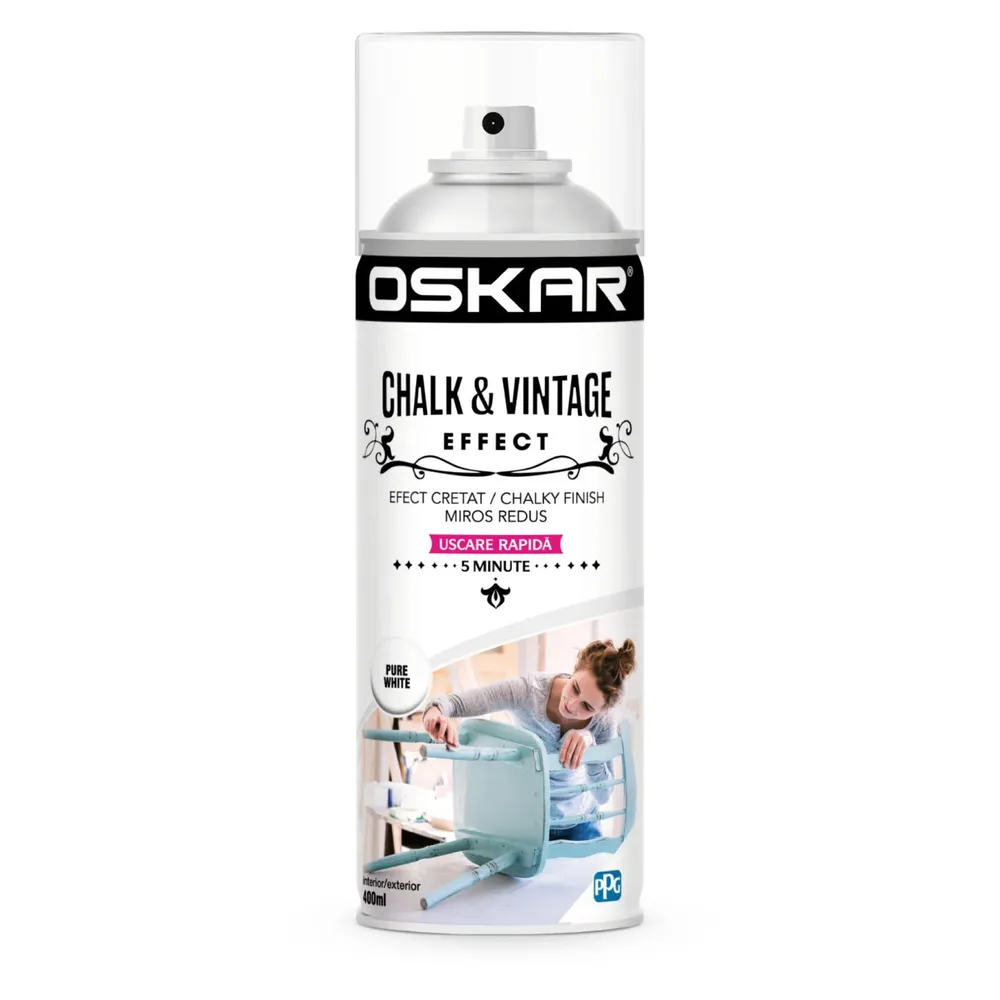 Spray vopsea lemn / metal, Oskar Chalk & Vintage Effect, pure white, interior / exterior, 400 ml