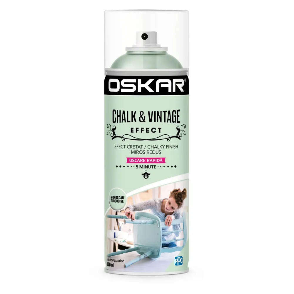 Spray vopsea lemn / metal, Oskar Chalk & Vintage Effect, turquoise, interior / exterior, 400 ml