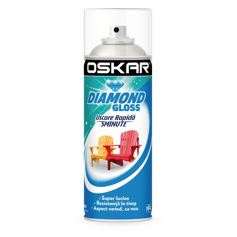 Spray vopsea lemn / metal, Oskar Diamond Gloss, alb lucios, interior / exterior, 400 ml
