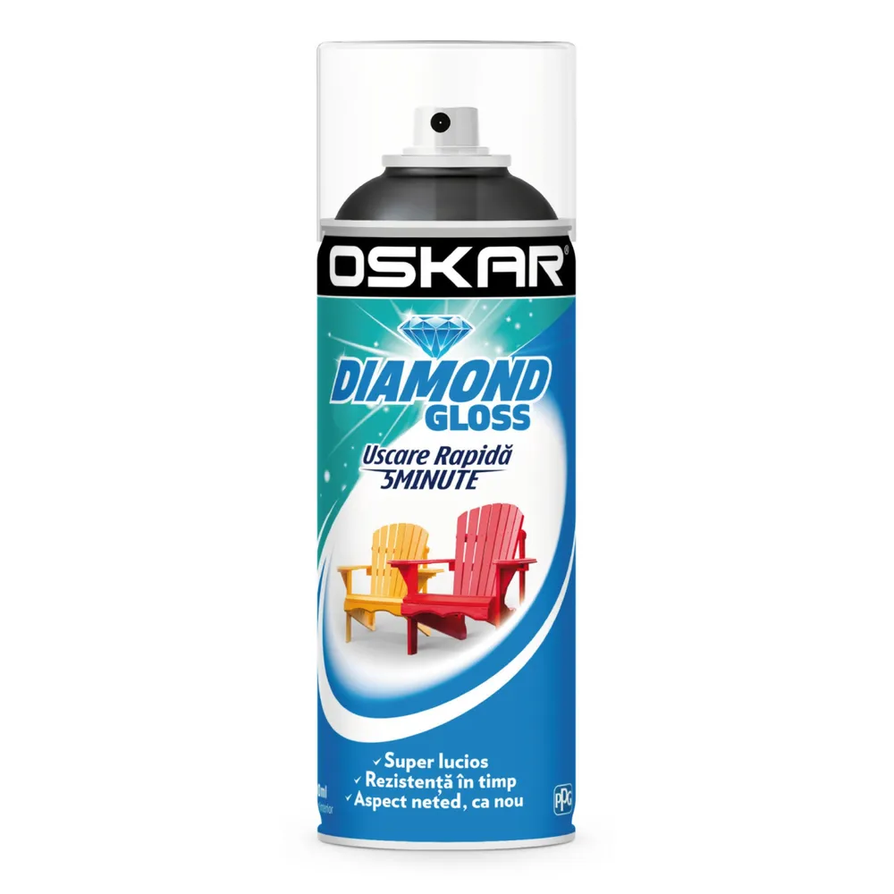 Spray vopsea lemn / metal, Oskar Diamond Gloss, negru lucios, interior / exterior, 400 ml