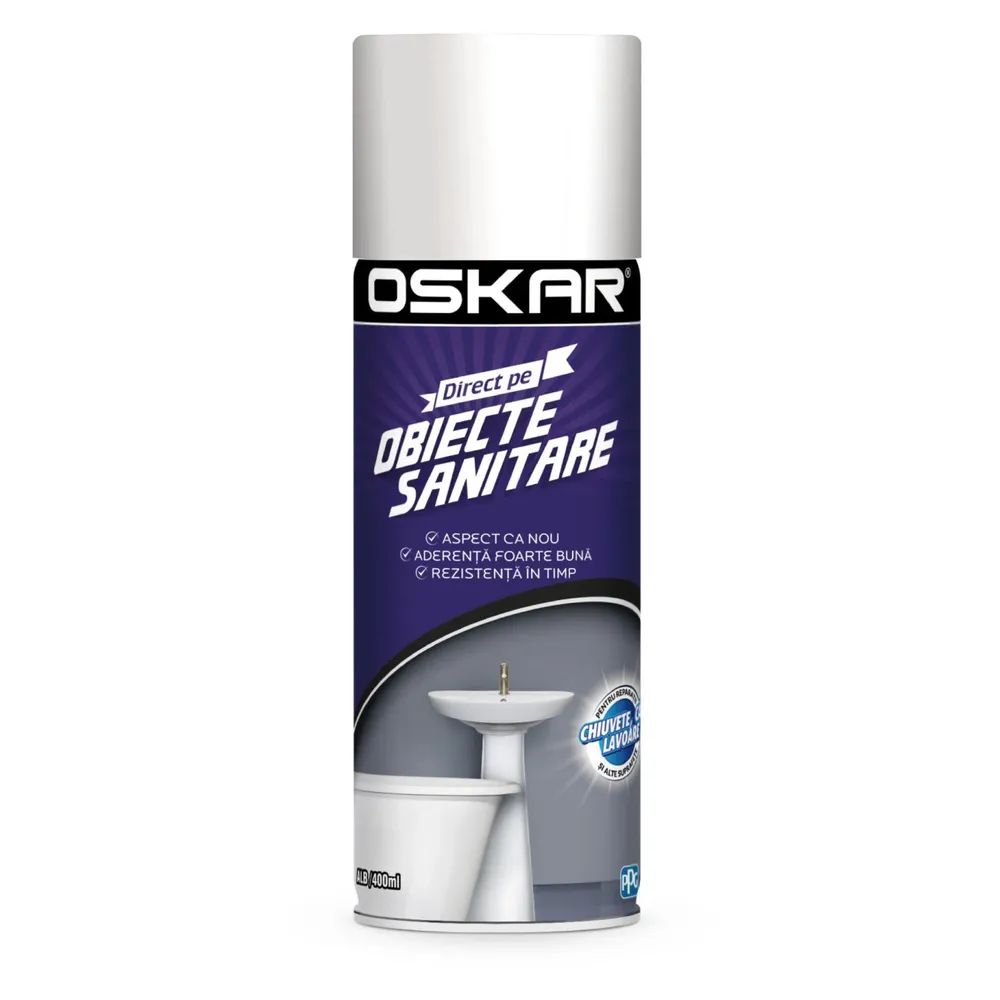 Spray vopsea, Oskar Direct pe obiecte sanitare, alb, interior, 400 ml
