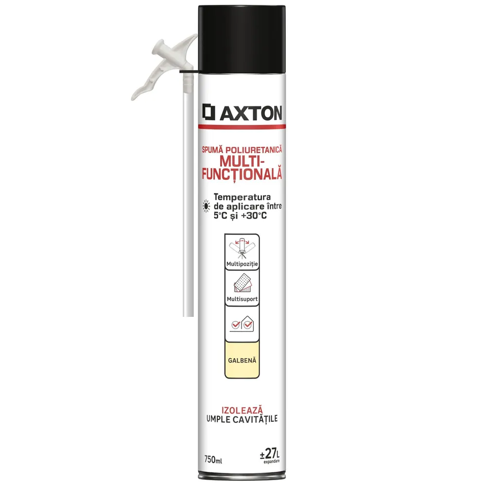 Spuma poliuretanica multifunctionala Axton, pentru izolare termica, vara, aplicare manuala, galben, 750 ml