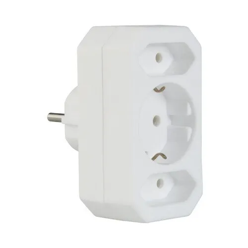 Stecher triplu 3 prize, 2 x Euro, 1 x priza cu impamantare, alb, interior