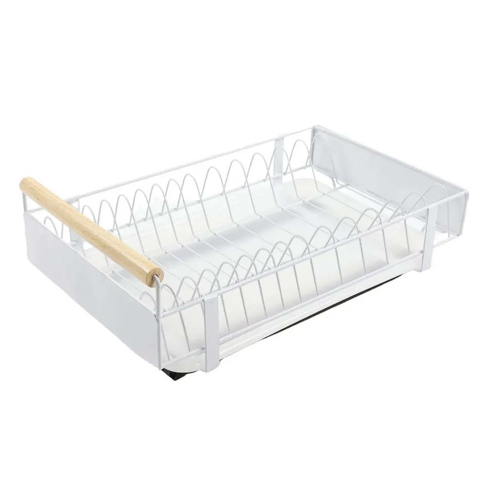 Suport bucatarie extensibil, pentru vase, WDJ-70076-WH, otel + lemn, alb, 41 x 24.5 x 13 cm
