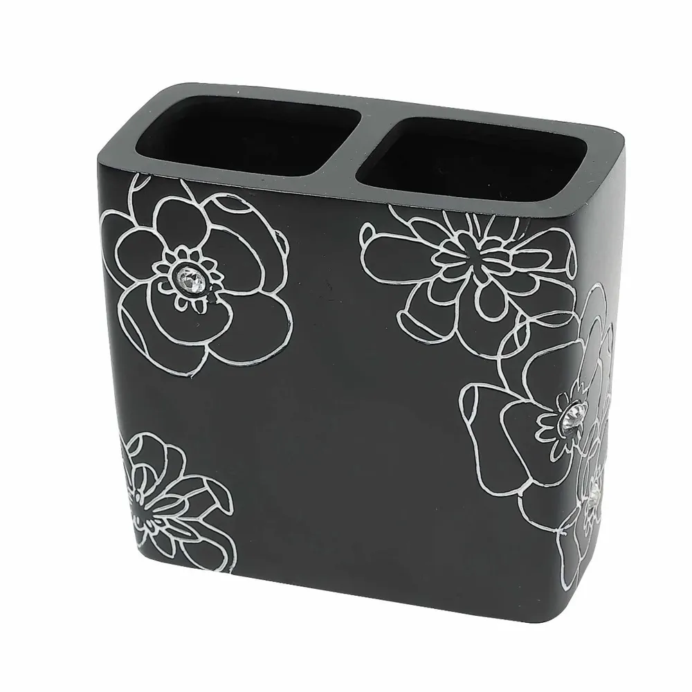 Suport periute dinti, Kadda Emotions BPO-0306B, polirasina, model floral, negru / alb, 11.4 x 5.2 x 9.8 cm