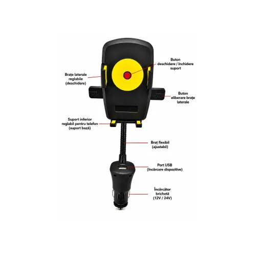 Suport telefon auto cu incarcator USB si mufa bricheta — imaginea 2