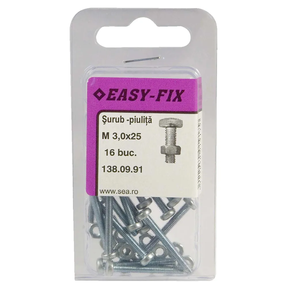 Surub cu cap bombat, amprenta cruce, cu piulita, Easy-Fix, otel, zincat alb, M3 x 25 mm, set 16 bucati