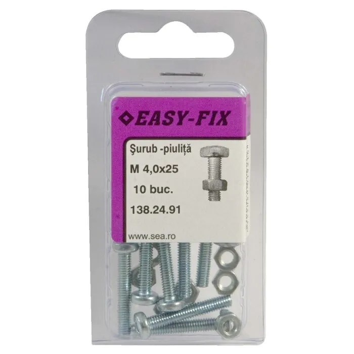 Surub cu cap bombat, amprenta cruce, cu piulita, Easy-Fix, otel, zincat alb, M4 x 25 mm, set 10 bucati
