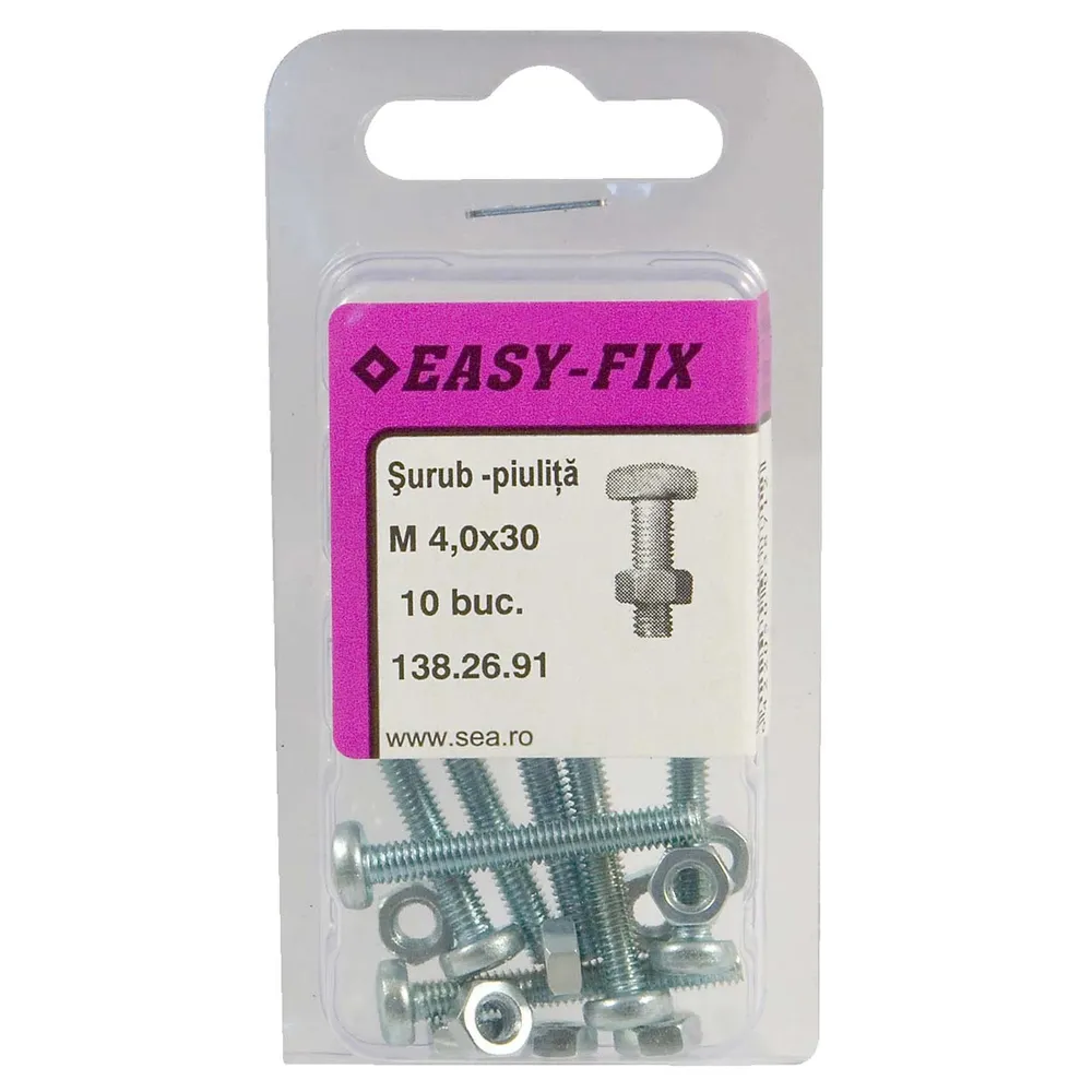 Surub cu cap bombat, amprenta cruce, cu piulita, Easy-Fix, otel, zincat alb, M4 x 30 mm, set 10 bucati