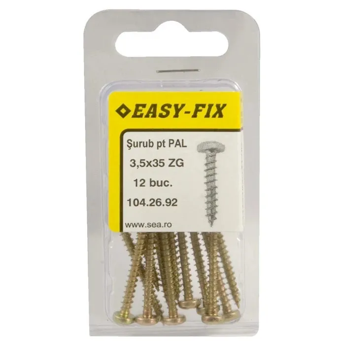 Surub pentru PAL / lemn, cu cap bombat, amprenta cruce, Easy-Fix, otel, zincat galben, 3.5 x 35 mm, set 12 bucati