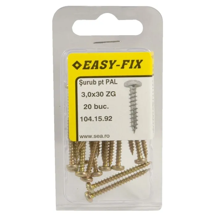 Surub pentru PAL / lemn, cu cap bombat, amprenta cruce, Easy-Fix, otel, zincat galben, 3 x 30 mm, set 20 bucati