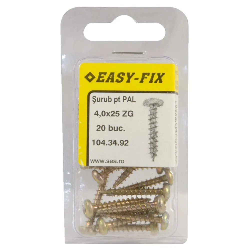 Surub pentru PAL / lemn, cu cap bombat, amprenta cruce, Easy-Fix, otel, zincat galben, 4 x 25 mm, set 20 bucati
