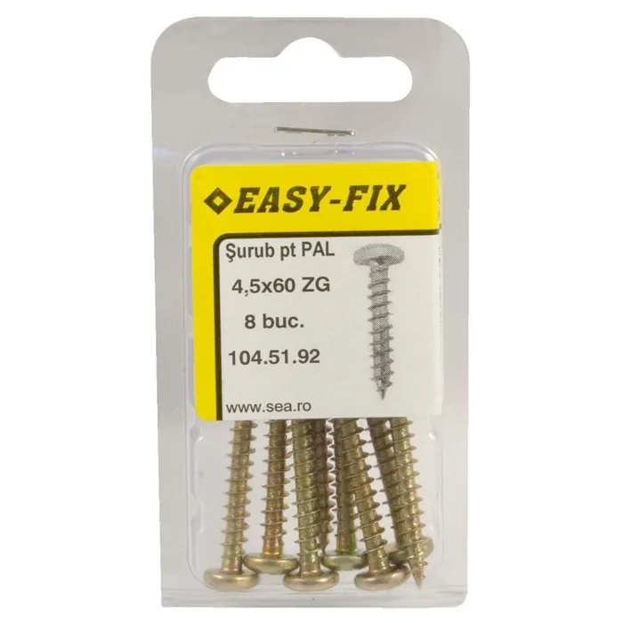 Surub pentru PAL / lemn, cu cap bombat, amprenta cruce, Easy-Fix, otel, zincat galben, 4.5 x 60 mm, set 8 bucati