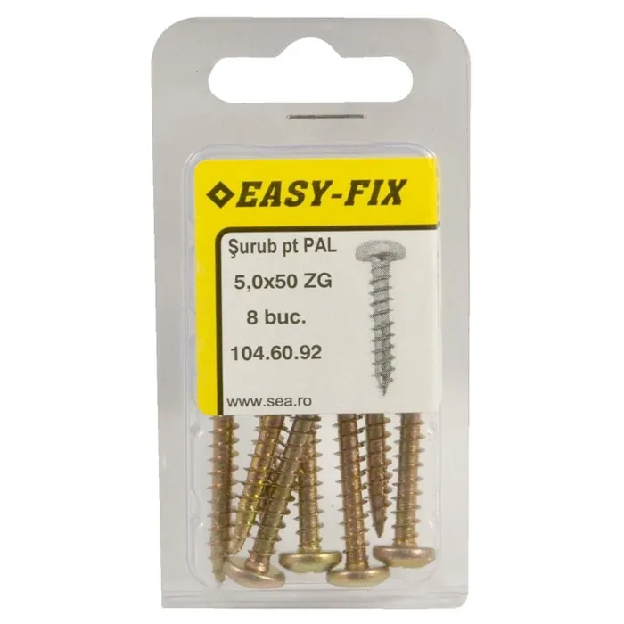 Surub pentru PAL / lemn, cu cap bombat, amprenta cruce, Easy-Fix, otel, zincat galben, 5 x 50 mm, set 8 bucati
