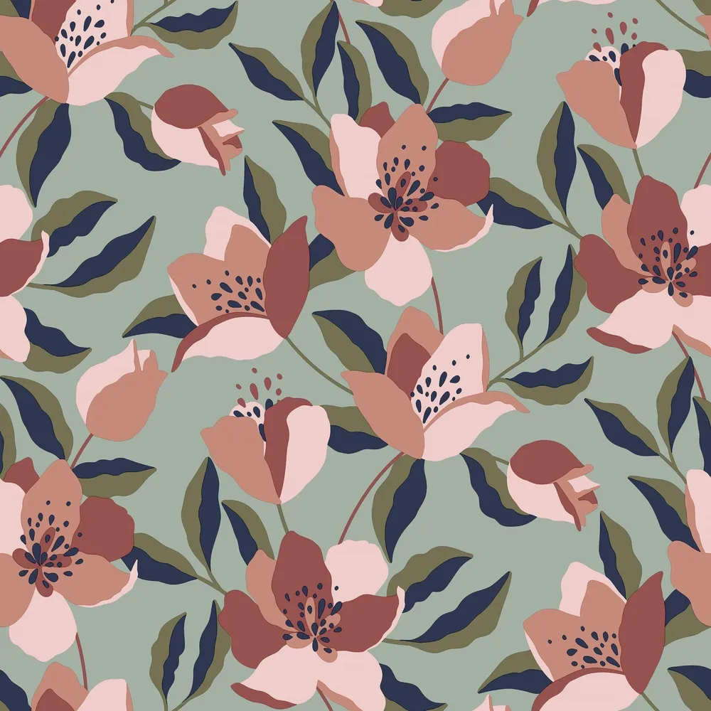 Tapet vinil Inspire Abalia, roz/verde, model floral, rola 0.53 x 10 m