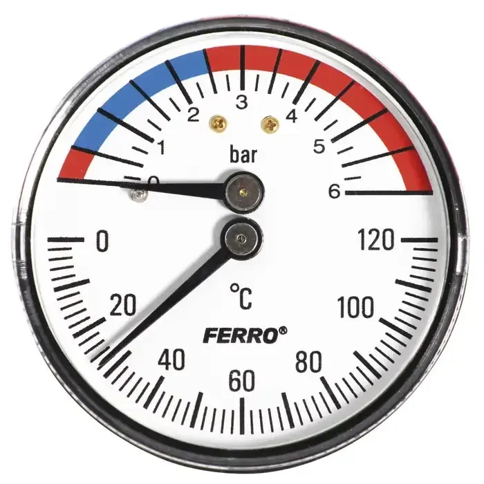 Termomanometru axial Ferro, D 63 mm, 1/2", 0 - 6 bar, 0 - 120 grade C