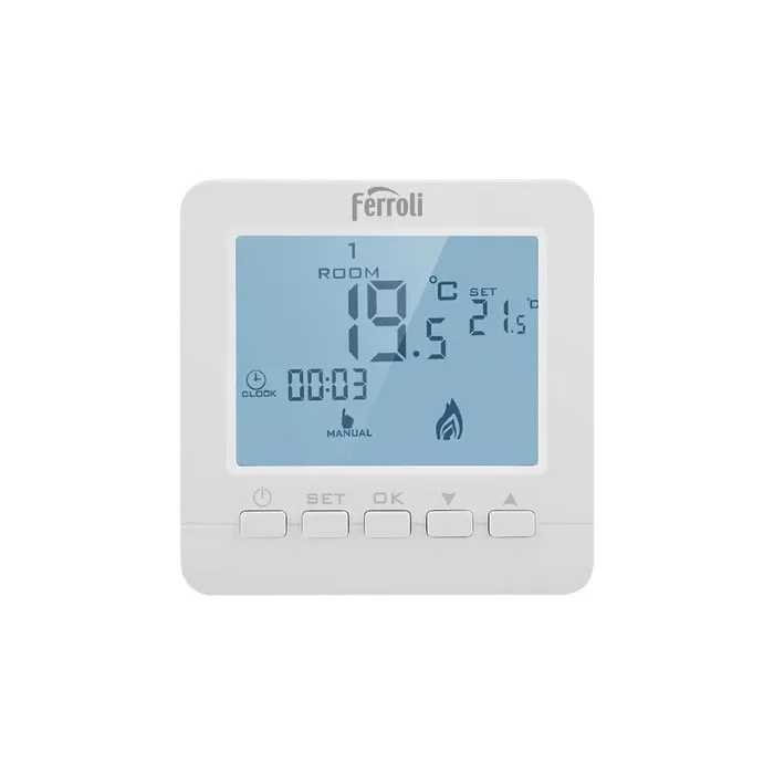 Termostat de ambient pentru centrala, cu fir, Ferroli FER105, neprogramabil, afisaj digital, alb