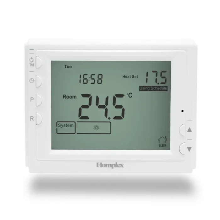 Termostat de ambient pentru centrala, cu fir, Homplex 909, programabil, afisaj digital, IP42, alb